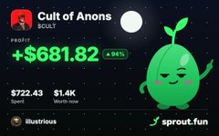 Screenshot of a sprout.fun profile for 'Cult of Anons' showing a profit of +$681.82 (2.04%) on a $722.43 investment, featuring a green sprout mascot.