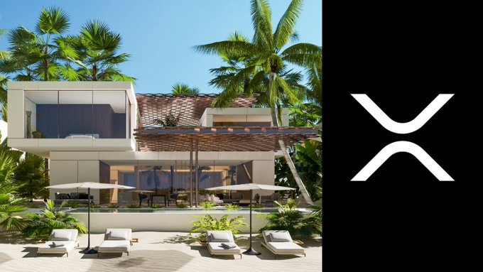 The image shows a luxurious modern beachfront villa with palm trees, a poolside lounge area with white sunbeds and umbrellas, alongside the XRP cryptocurrency logo on a black background. It visualizes the post's question about using XRP, the digital currency known for fast cross-border transactions, as payment for high-end real estate like this tropical property.