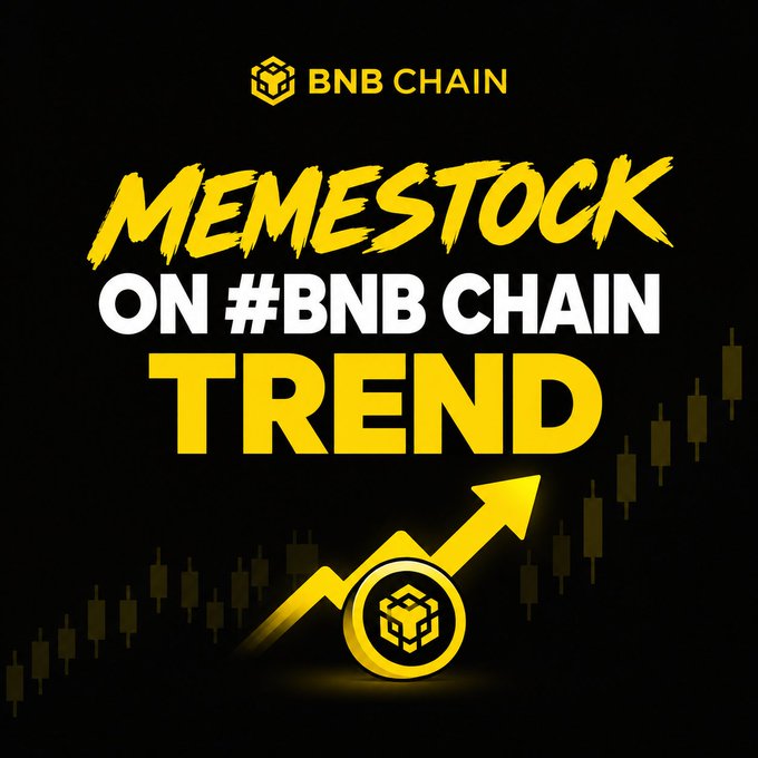 A promotional graphic for BNB Chain with bold yellow and white text reading 'MEMESTOCK ON #BNB CHAIN TREND' on a black background with an upward chart arrow.