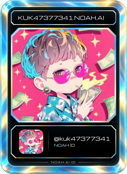 A digital collectible card from NOAH.AI ID featuring an anime-style character with money, displaying the handle @kuk47377341 and the code KUK47377341.NOAH.AI.