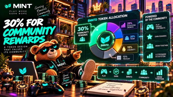 A promotional graphic for "MINT" featuring a teddy bear in sunglasses and a cap, highlighting "30% FOR COMMUNITY REWARDS" and displaying a "$MNTD TOKEN ALLOCATION" pie chart with categories like 30% Community Rewards, 25% Ecosystem Growth, and 20% Team.