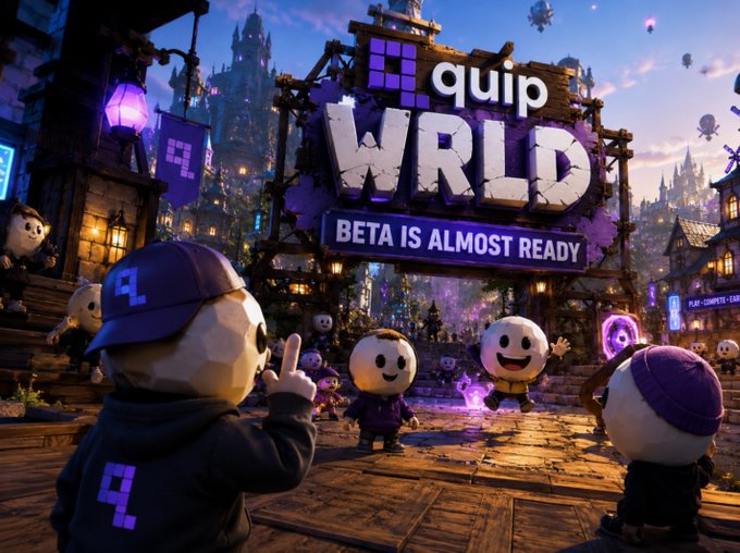 A promotional graphic for 'quip WRLD' displaying 'BETA IS ALMOST READY' with cartoon panda-like characters in a fantasy village setting.