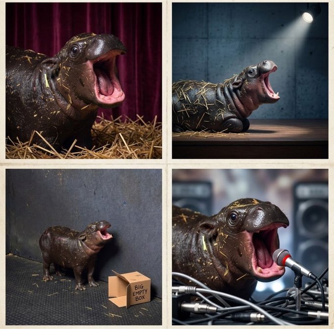A four-panel collage shows a small, dark hippopotamus with bits of straw stuck to its skin, depicted in various dramatic scenarios: yawning against a red curtain, roaring under a spotlight on a stage, standing next to a cardboard box labeled "BIG EMPTY BOX," and belting into a microphone surrounded by tangled cables—matching the post's hype of "$TINYTANK" as a micro-cap token aspiring to reach "10M" with a "Next Hippo" narrative.