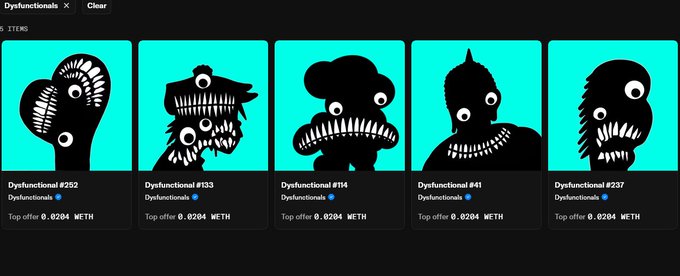 A digital art marketplace displays a row of NFT cartoon monster characters on cyan backgrounds, including items labeled 'Dysfunctional #252', 'Dysfunctional #133', 'Dysfunctional #114', 'Dysfunctional #41', and 'Dysfunctional #237', each priced at '0.8204' on 'Dysfunctional$' with 'Top offer 0.8204' listed.