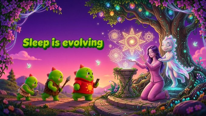A colorful fantasy illustration with the text 'Sleep is evolving,' featuring cartoonish green creatures, a woman, and a glowing creature in a magical forest setting.