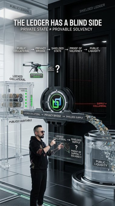 This image illustrates "THE LEDGER HAS A BLIND SIDE" with text "PRIVATE STATE ≠ PROVABLE SOLVENCY," depicting a man standing before a conceptual visualization contrasting a public ledger with a shielded ledger.