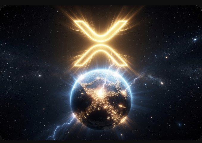 The image features a glowing XRP logo radiating with golden light above a luminous Earth in a cosmic setting, with electricity-like energy pulsing between them. This visually represents the post's declaration of "This is our week #XRP," symbolizing the cryptocurrency's powerful, electrifying potential to energize and illuminate the global financial landscape.