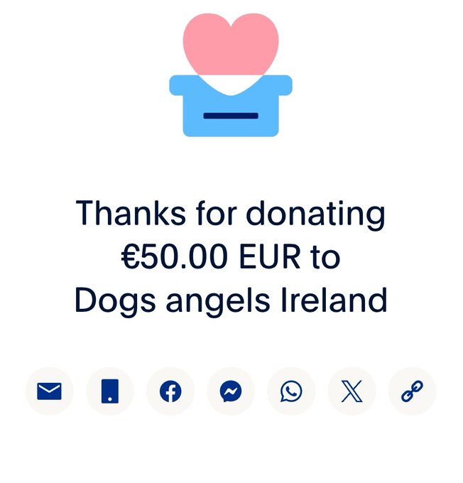 The image features a white background with text that reads "Thank you for donating 50 Euros to Dogs Angels Ireland". The text is written in blue, which stands out against the white background. There are also several icons displayed below the text, including a heart icon, a donation button, and a social media share button. These icons suggest that the image may be promoting an online fundraiser or donation drive for dogs' charities.