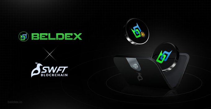 A promotional graphic for "BELDEX × SWFT BLOCKCHAIN" partnership showing their logos on the left and 3D-rendered wallet icons with the Beldex "b" symbol on a dark background.