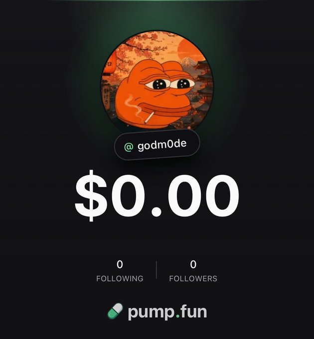 The image shows a Pump.fun profile page for user "@godm0de" featuring an orange Pepe-style character avatar, displaying $0.00 with 0 followers and 0 following. This directly promotes the accompanying post's call to "follow me on @Pumpfun" via the join.pump.fun link, though the account currently has no activity or capital to its name.