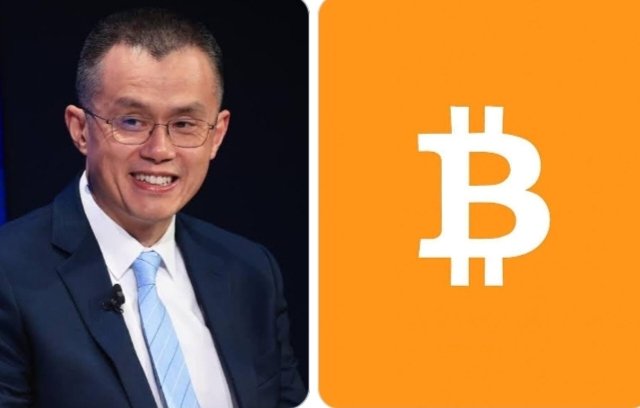 The image shows Binance founder Changpeng Zhao (CZ) smiling on the left, alongside the orange Bitcoin logo on the right, visually representing his commentary on the future of blockchain-based IPOs and tokenized financial markets.