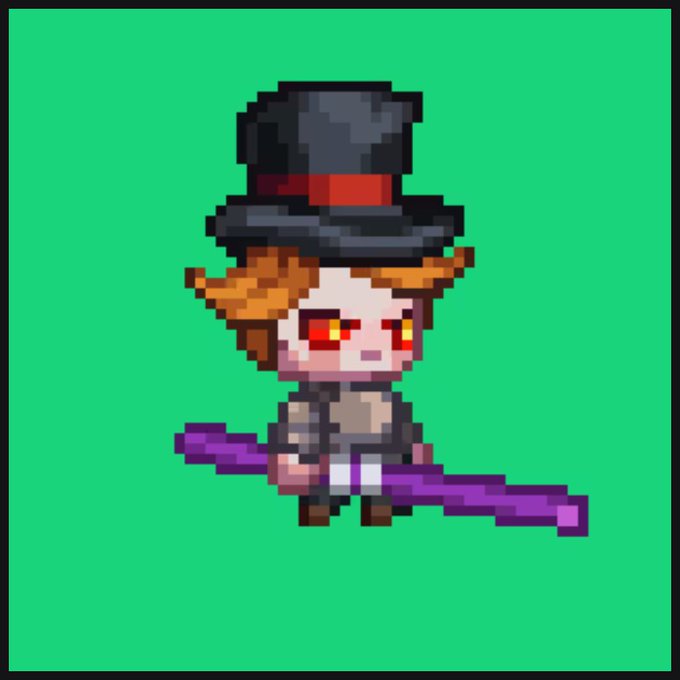 A pixel art character of a small figure with orange hair, wearing a black top hat with a red band and a gray coat, holding a purple rifle against a green background.