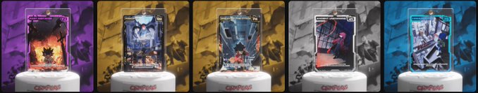 A row of five premium Pokémon trading cards displayed on pedestals against colorful, themed backdrops including purple, yellow, gray, and blue gradients.