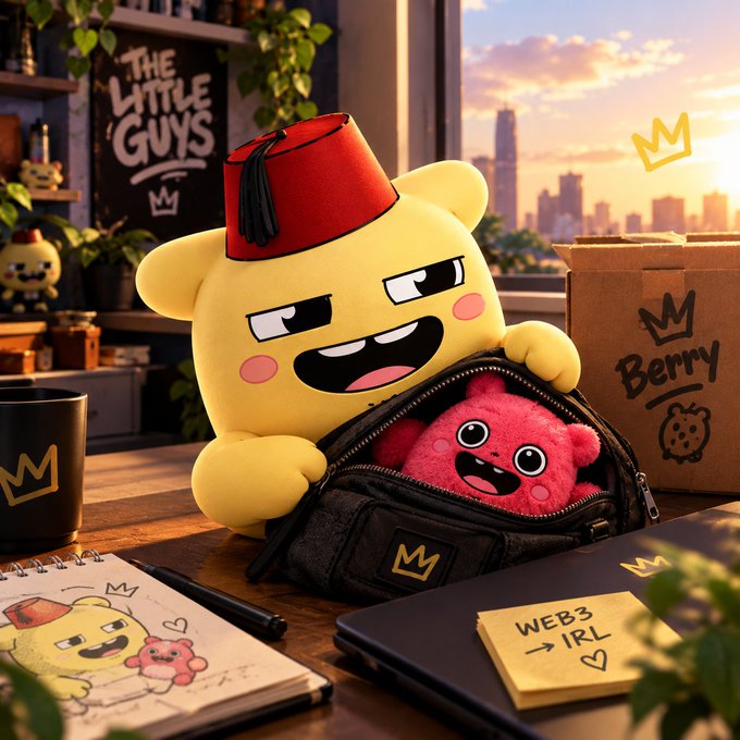 A 3D-rendered yellow cartoon character wearing a red fez and holding open a black backpack that contains a pink plush bear, sitting on a desk with a sketchbook, laptop, sticky note reading 'WEB3 → IRL', and a cardboard box labeled 'Berry' in front of a window overlooking a sunset cityscape and a 'The Little Guys' poster.