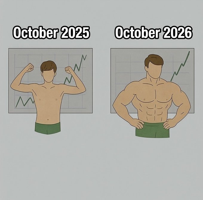 The image shows a fitness meme comparing two illustrations: a skinny figure flexing labeled "October 2025" and a muscular figure standing confidently labeled "October 2026," both set against rising line charts.

The meme humorously illustrates the post's "Uptober" sentiment by showing the stock market (or crypto) gains making traders dramatically stronger and more bullish between October 2025 and October 2026, with the rising charts representing the upward market trend.