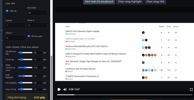 A video editing interface with Vietnamese controls on the left, displaying a forum thread with topics like 'Aave V4 on Base' and 'Arbitrum Remote', with play controls at the bottom.