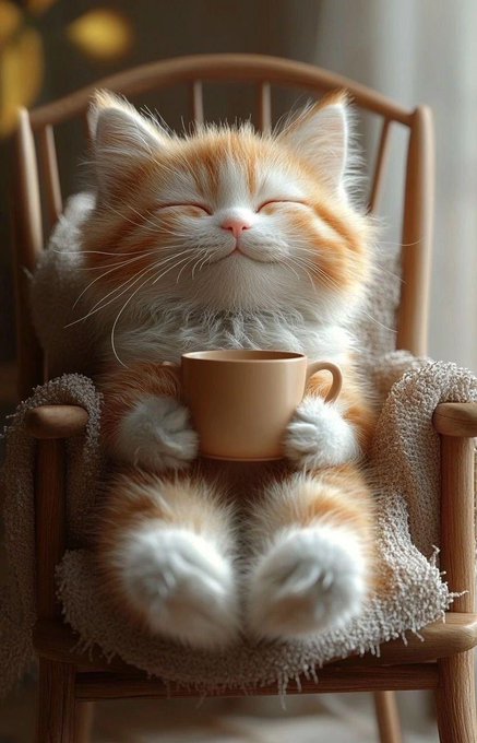 An AI-generated or illustrated image of a fluffy orange and white cat with closed eyes, contentedly sitting in a wooden rocking chair wrapped in a blanket while holding a small cup of coffee.
