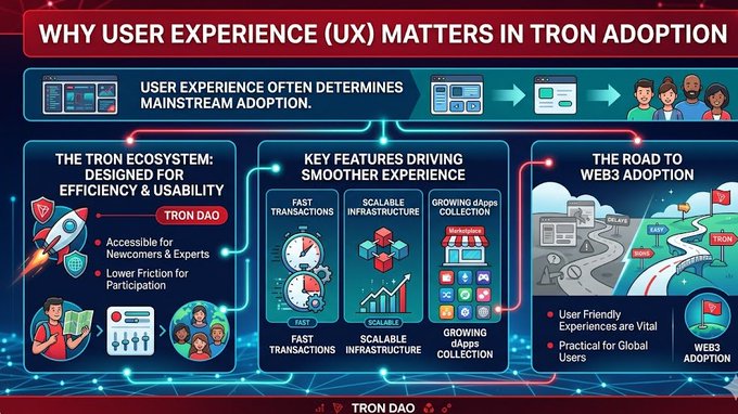 The text in the image states, "Why User Experience Matters in TRON Adoption" followed by a list of bullet points explaining that user experience plays a significant role in determining whether a technology achieves mainstream adoption or not. The text also mentions that TRON DAO supports an ecosystem designed for efficiency and that users can find it easy to navigate the platform if its user experience is focused on.