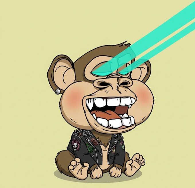 Cartoon NFT-style illustration of a grinning monkey in a punk leather jacket with an earring, shooting cyan laser beams from its eyes.