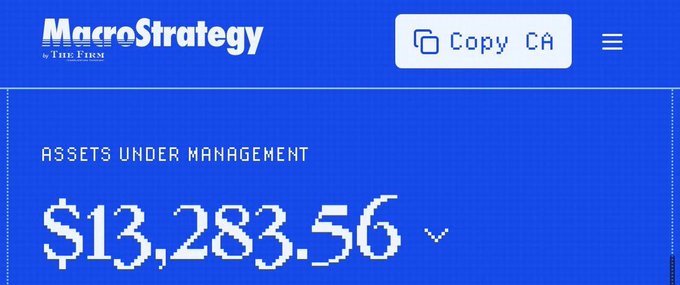 A blue graphic for 'MacroStrategy by The First' showing 'ASSETS UNDER MANAGEMENT' at '$13,283.56' with a 'Copy CA' button in the upper right.