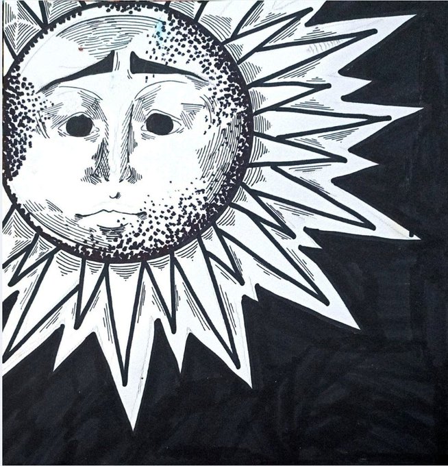 A black-and-white pen-and-ink illustration depicts a personified sun with a serene, human face at its center, radiating jagged triangular rays against a dark background. The artwork accompanies the artist's announcement that this piece, titled "The Sun In Heart Of Darkness," has been sold to @jpeg2023, with only 5 editions remaining at 9.89 XTZ.