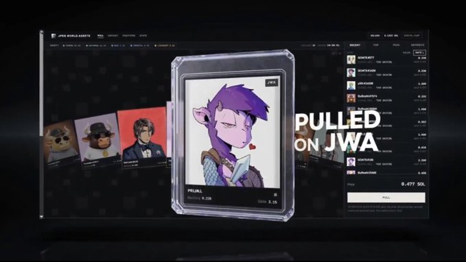 Screenshot of the JPEGS World Assets NFT marketplace showing a purple-haired anime character NFT being 'PULLED ON JWA' with a 0.477 SOL price.