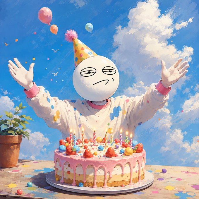 A colorful digital illustration showing a round-faced white character wearing a party hat and a paint-splattered sweater, celebrating with raised arms behind a large cake decorated with strawberries and lit candles.