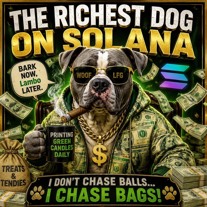 A meme image of a pitbull dog wearing sunglasses with 'WOOF LFG', a gold chain with a dollar sign pendant, and a 'PRINTING GREEN CANDLES DAILY' mug, titled 'THE RICHEST DOG ON SOLANA' with text 'I DON'T CHASE BALLS... I CHASE BAGS!'.