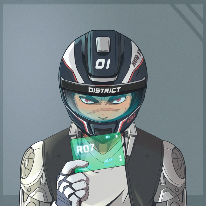 Anime-style illustration of a character in racing gear wearing a helmet marked '01' and 'DISTRICT', holding a card labeled 'R07'.