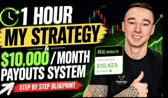 A YouTube thumbnail for a video titled '1 HOUR - MY STRATEGY & $10,000/MONTH PAYOUTS SYSTEM - STEP BY STEP BLUEPRINT' featuring a smiling man with tattoos giving a thumbs up.