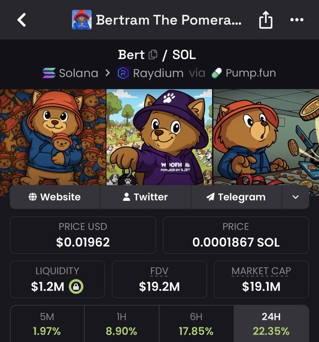 A screenshot of a cryptocurrency token 'Bertram The Pomera...' (Bert) on Solana via Raydium and Pump.fun, showing a price of $0.01962 and various market metrics.