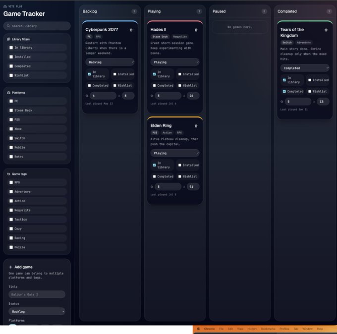 The image shows a game library tracker app called "NTR PLUS" displaying games like "Cyberpunk 2077," "Hades II," "Elden Ring," and "Tears from the Kingdom" organized in backlog, playing, paused, and completed columns. The app's cluttered, low-effort design and basic UI—running on Windows via Chrome—visually reinforces the post's complaint about low-quality AI-generated "slop," suggesting the screenshot is presented as an example of subpar output.