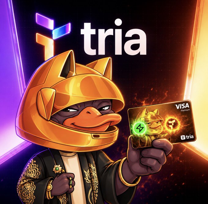 The image features a cartoon character wearing an orange helmet, holding a Visa card with a green lightning bolt symbol on it. The character appears to be dressed in fancy clothing, possibly a gold outfit, which adds to the overall visual appeal of the scene. The text "Tria" is also present in the image, indicating that this might be related to a Tria-related project or service.
