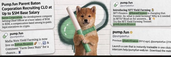 The image shows a meme-style graphic featuring a Shiba Inu dog holding a baton with green stripes, surrounded by tweets from Pump.fun's official account promoting $BATON. The visible text includes headlines like "Pump-fun Parent Baton Corporation Recruiting CLO at Up to $5M Base Salary" and announcements about "NTF Yield Farming" and "Mafia Nuts Yield Farming" on the baton.finance platform. 

The image relates to the accompanying post by referencing $BATON as a memecoin associated with the Pump.fun ecosystem, drawing a comparison to $CASHCAT—both appearing to be promotional tokens tied to specific projects within the meme coin space.