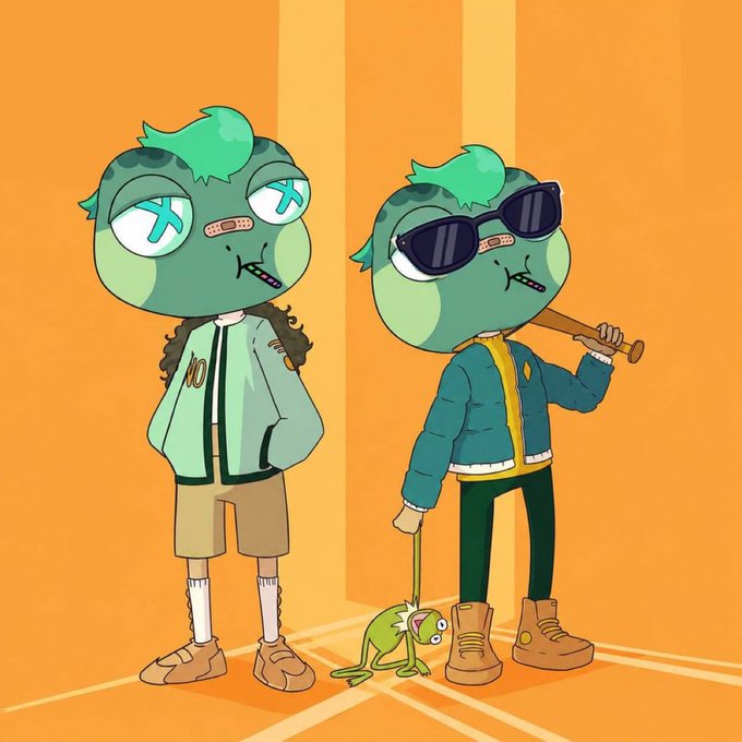 Two cartoon characters with green frog-like heads, one wearing a 'NO' jacket and the other in sunglasses holding a bat and leash attached to a small frog.