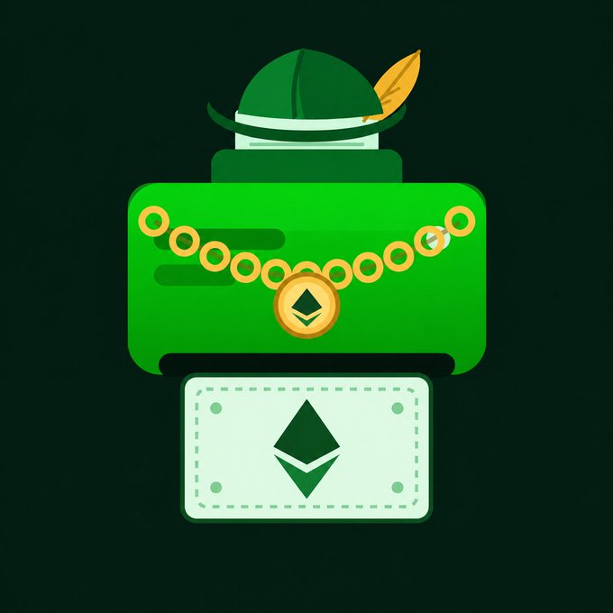 A green flat-style illustration features a hat with a feather above a block containing a gold chain and Ethereum pendant, with an Ethereum logo below.