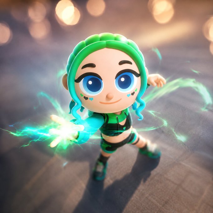 A 3D-rendered cartoon character with green hair, large blue eyes, and heart face decals, wearing a green outfit and casting glowing green magical energy from her hands.