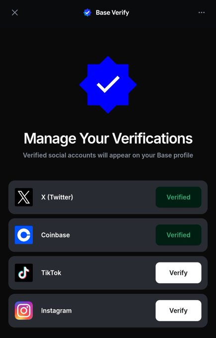 The image shows an app called Base Verify, which has a feature for verifying cryptocurrency transactions. The app displays four different types of social media platforms, including Instagram, TikTok, Twitter, and Telegram, along with their respective verification status. The app is designed to help users manage their social media presence by allowing them to verify the authenticity of their followers or connections on these platforms.