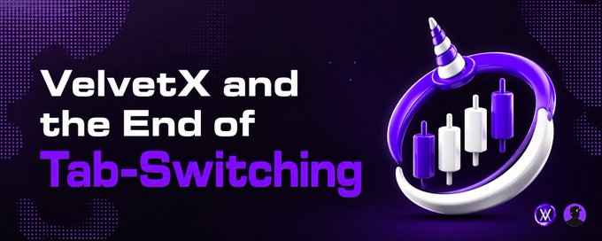 A purple promotional graphic for 'VelvetX and the End of Tab-Switching' featuring a 3D-rendered logo with candlestick chart elements.