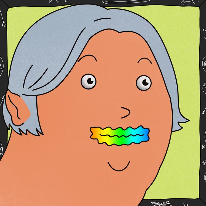 A cartoon illustration of an elderly woman with gray hair and a rainbow-colored mustache against a bright green background.