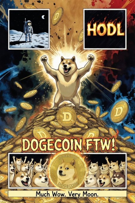 Dogecoin-themed meme poster featuring a Shiba Inu dog on a pile of Doge coins, with 'HODL', 'DOGECOIN FTW!', 'Much Wow. Very Moon.' text, and various dog images.
