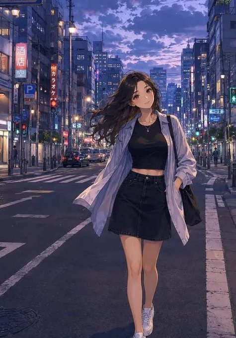 An anime-style illustration of a young woman with long dark hair wearing an oversized light purple shirt over a black crop top and skirt, standing in a neon-lit city street at dusk with Japanese signage including '酒店'.