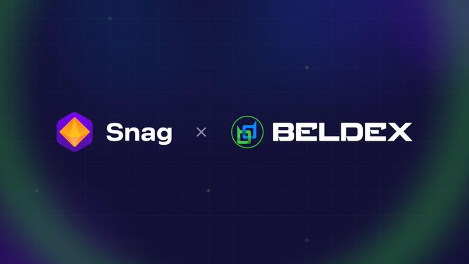 A promotional graphic displaying the logos of 'Snag' and 'BELDEX' with an 'x' between them on a dark blue grid background.