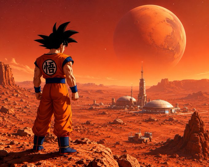 A digital artwork showing the anime character Goku from Dragon Ball standing in his iconic orange gi on a rocky Martian-like landscape, looking toward a futuristic base with domed buildings while a large red planet looms in the orange sky.
