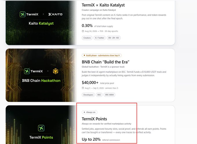 Screenshot of TermiX campaigns page listing 'TermiX × Kaito Katalyst' (0.30% of total token supply), 'BNB Chain "Build the Era"' ($40,000+ total prize pool), and a highlighted 'TermiX Points' program offering 'Up to 20% referral commission'.