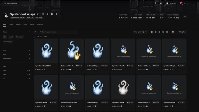 An OpenSea NFT collection page for 'Spritehood Wisps' displaying multiple ghost-like wisp NFT items with various prices in ETH and a floor price of 0.013 ETH.