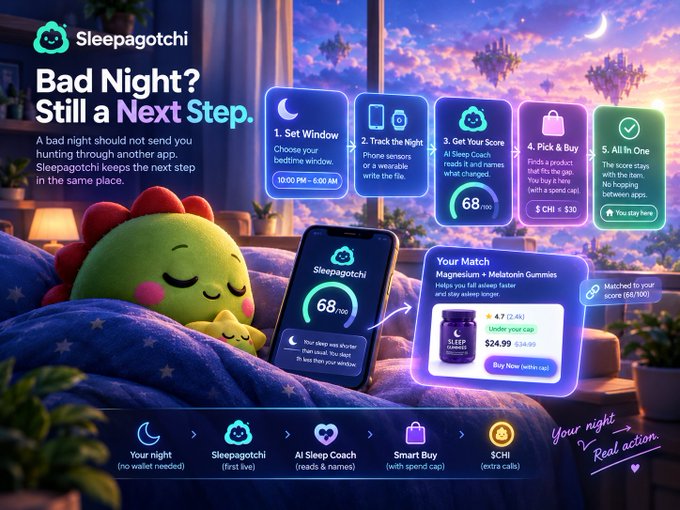 A promotional graphic for 'Sleepagotchi' with the tagline 'Bad Night? Still a Next Step,' showing a green dinosaur-like character sleeping alongside a smartphone displaying a sleep score of 68/100.