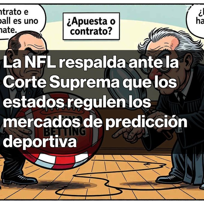 A cartoon illustration of men examining a betting chip with Spanish text discussing the NFL supporting state regulation of sports betting markets.