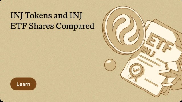 A beige graphic titled 'INJ Tokens and INJ ETF Shares Compared' depicts an INJ cryptocurrency coin alongside a document labeled 'ETF INJ' with a 'Learn' button.