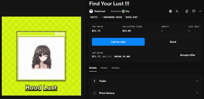An NFT marketplace listing titled 'Find Your Lust !!!' shows a 'Hood Lust' token (#397) on the ROOTSWOOD CHAIN with a top offer of $11.71.